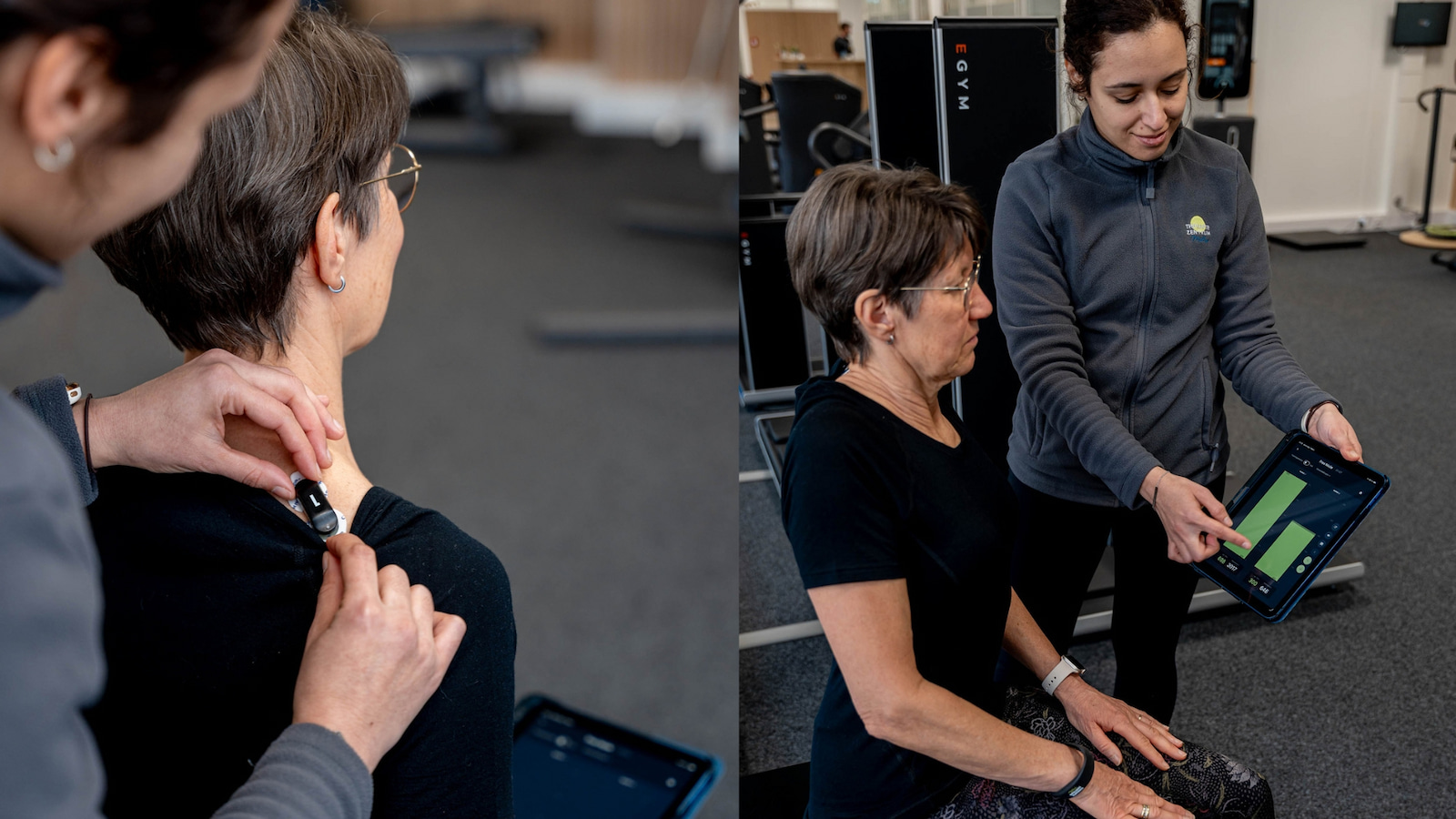Physiotherapeut betreut Training mit EMG Analyse im Physiozentrum
