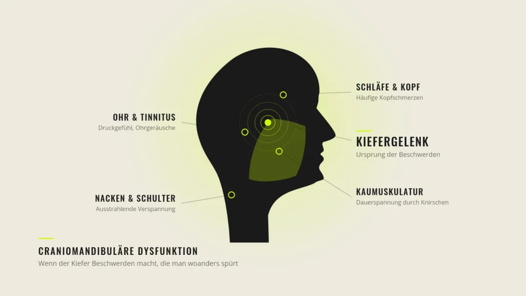 Grafik zu CMD mit Beschwerden an Kiefergelenk, Kopf, Ohren sowie Nacken und Schulter.